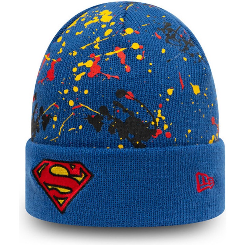 new-era-youth-superman-cuff-knit-paint-splat-dc-comics-blue-beanie