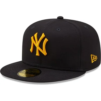 casquette-plate-bleue-marine-ajustee-avec-logo-jaune-59fifty-league-essential-new-york-yankees-mlb-new-era