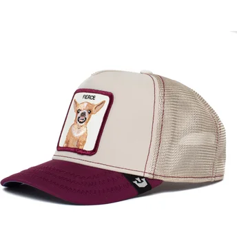 gorra-trucker-beige-y-granate-perro-chihuahua-fierce-yo-quiero-the-farm-de-goorin-bros