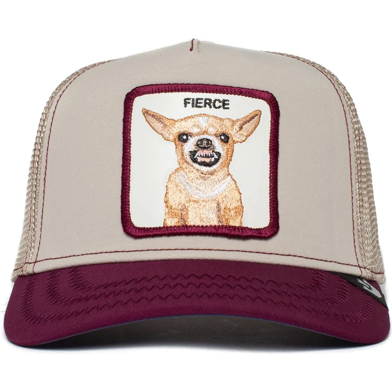 gorra-trucker-beige-y-granate-perro-chihuahua-fierce-yo-quiero-the-farm-de-goorin-bros