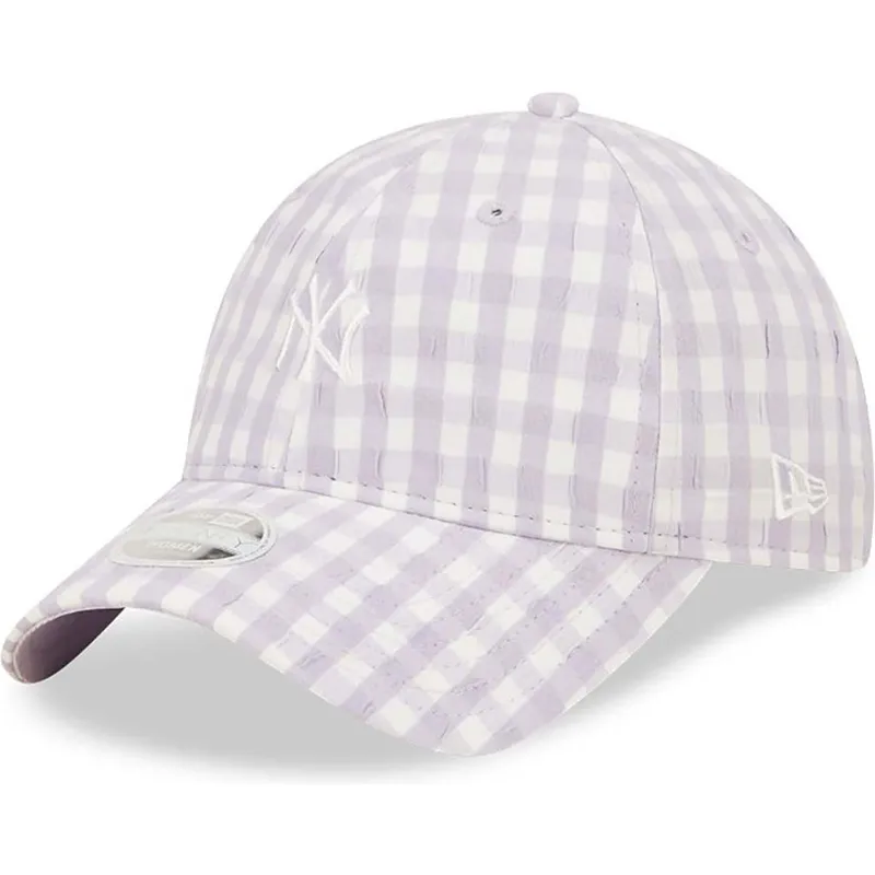 hellviolette-gebogene-verstellbare-damenkappe-9twenty-gingham-der-new-york-yankees-mlb-von-new-era