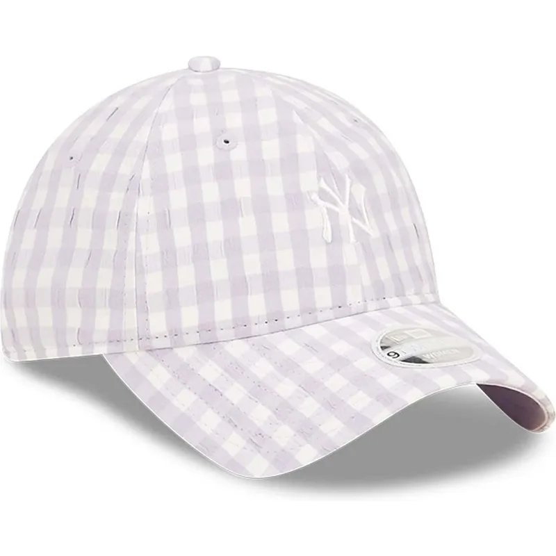 hellviolette-gebogene-verstellbare-damenkappe-9twenty-gingham-der-new-york-yankees-mlb-von-new-era
