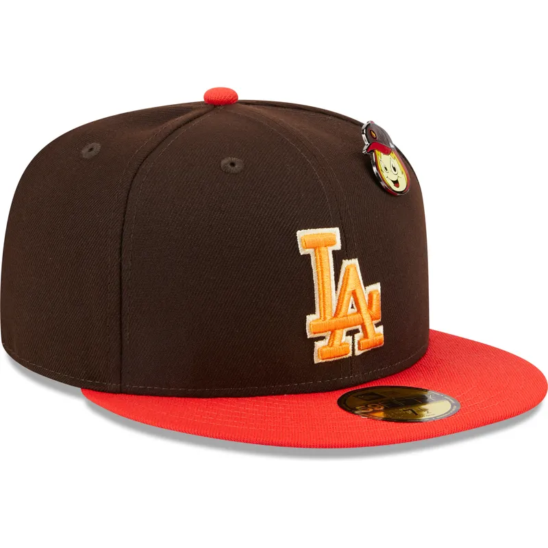 cappello-piatto-marrone-e-rosso-aderente-59fifty-the-elements-fire-pin-dei-los-angeles-dodgers-mlb-di-new-era