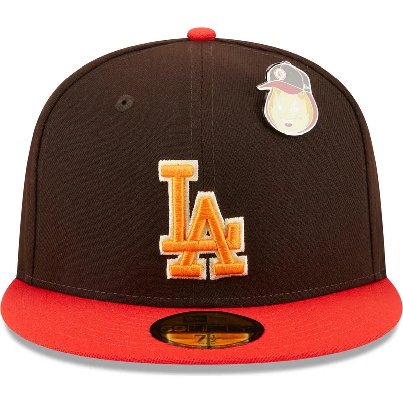 cappello-piatto-marrone-e-rosso-aderente-59fifty-the-elements-fire-pin-dei-los-angeles-dodgers-mlb-di-new-era