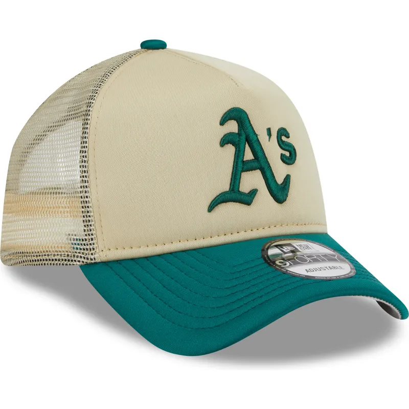 gorra-trucker-beige-y-verde-9forty-a-frame-all-day-trucker-de-oakland-athletics-mlb-de-new-era
