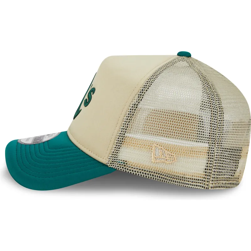 gorra-trucker-beige-y-verde-9forty-a-frame-all-day-trucker-de-oakland-athletics-mlb-de-new-era