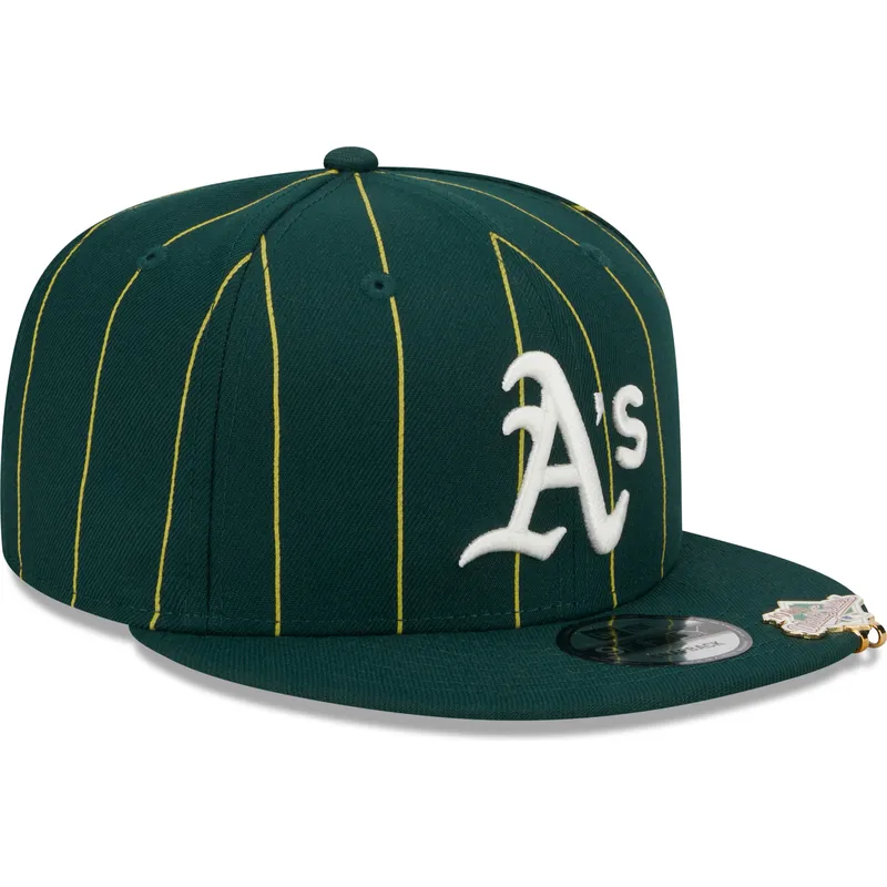 cappello-piatto-verde-snapback-9fifty-pinstripe-visor-clip-di-oakland-athletics-mlb-di-new-era