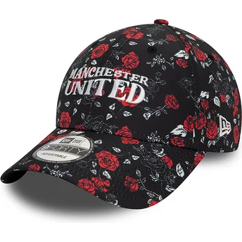 New Era Curved Brim 9FORTY Floral All Over Print Manchester United Football Club Premier League Black and Red Adjustable Cap
