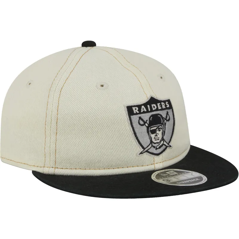 beige-och-svart-justerbar-platt-keps-9fifty-retro-crown-denim-oakland-raiders-nfl-fran-new-era