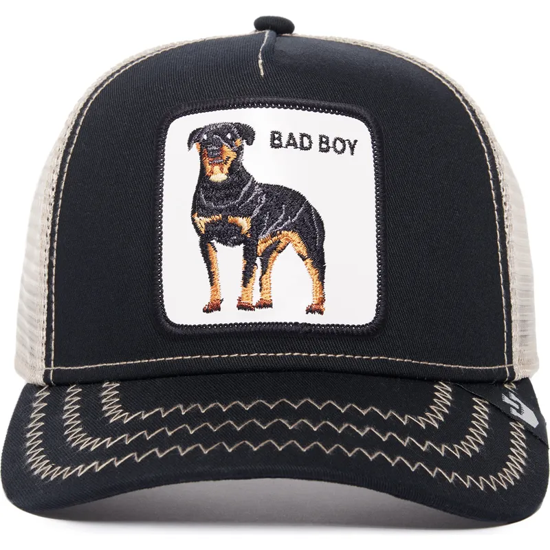 gorra-trucker-nera-e-bianca-cane-rottweiler-bad-boy-the-baddest-boy-the-farm-di-goorin-bros