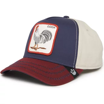 Casquette courbée bleue marine, beige et rouge snapback coq Cock All American Rooster 100 The Farm All Over Canvas Goorin Bros.