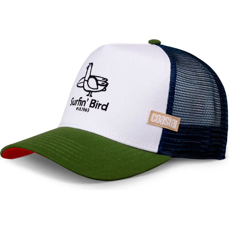 coastal-surfin-bird-hft-weisse-blaue-und-grune-trucker-kappe