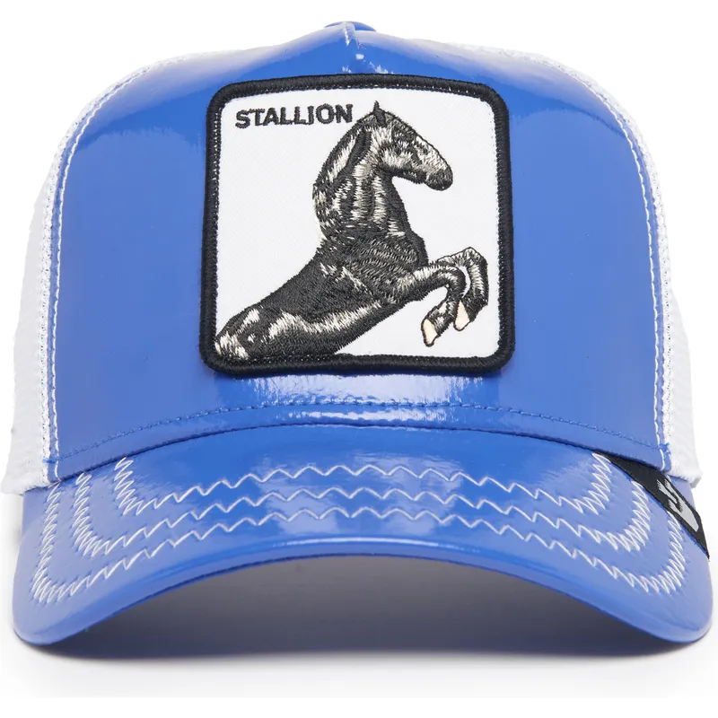 goorin-bros-the-farm-blaue-und-weisse-trucker-kappe-stallion-horsepower-puff-patent-pferd