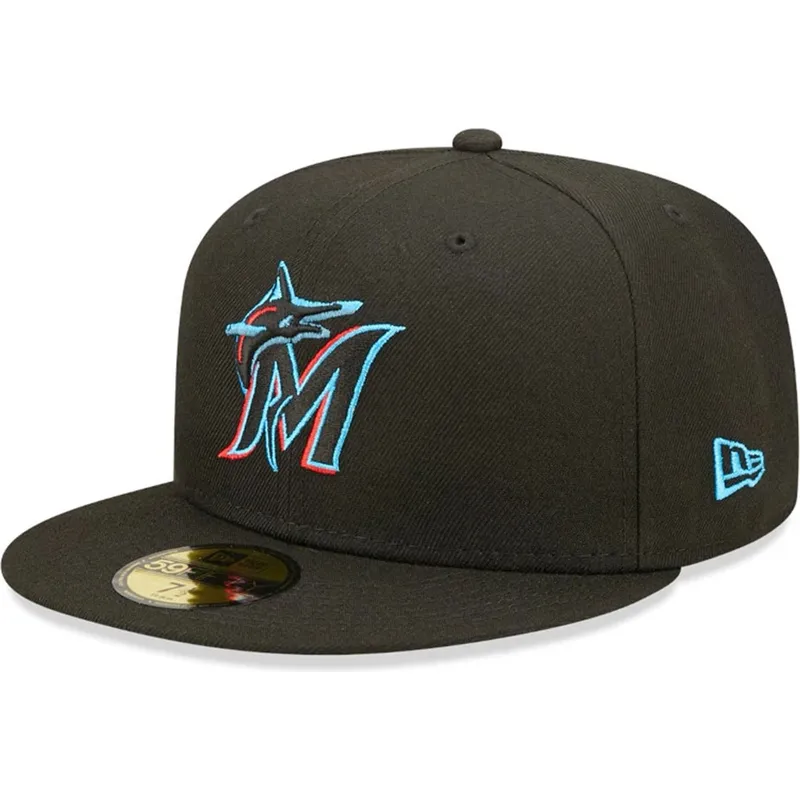 cappello-piatto-nero-aderente-59fifty-ac-perf-dei-miami-marlins-mlb-di-new-era