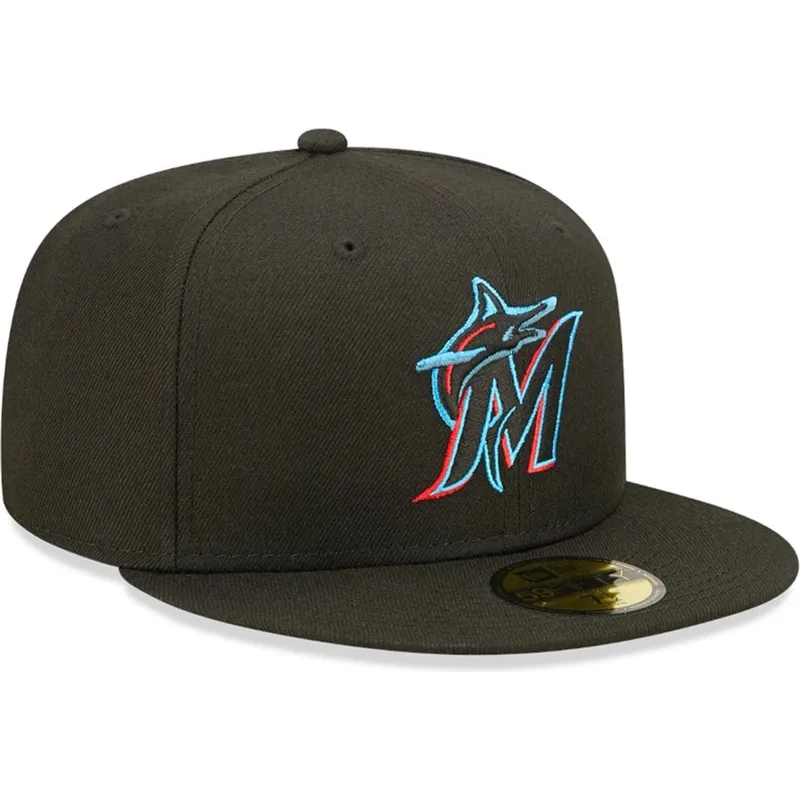 cappello-piatto-nero-aderente-59fifty-ac-perf-dei-miami-marlins-mlb-di-new-era
