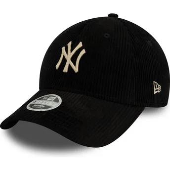 Czarna zakrzywiona czapka z daszkiem z regulacją dla kobiet z beżowym logo 9FORTY Cord New York Yankees MLB od New Era