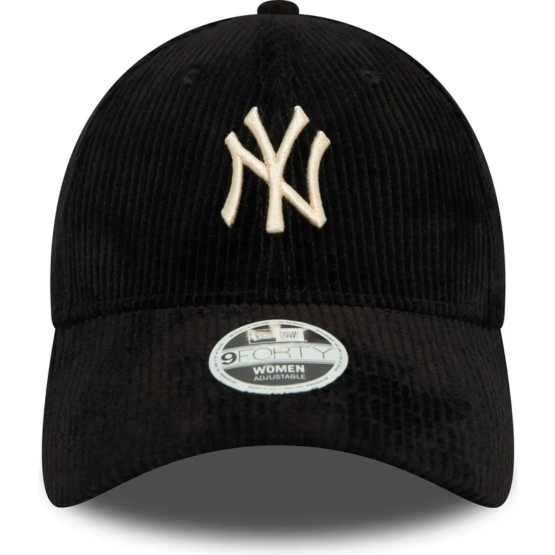 9forty-cord-verstellbare-schwarze-damenkappe-mit-gebogenem-schirm-und-beigem-logo-der-new-york-yankees-mlb-von-new-era