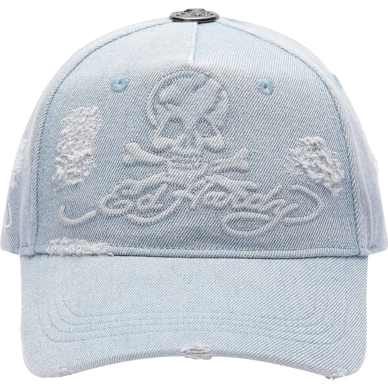 cappello-curvo-blu-regolabile-in-denim-con-teschio-in-rilievo-di-ed-hardy