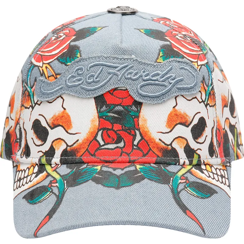 ed-hardy-verstellbare-blaue-skull-rose-denim-kappe-mit-gebogenem-schirm