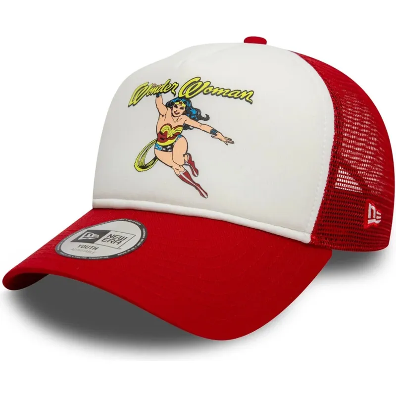 weiss-rote-9forty-a-frame-trucker-cap-fur-kinder-von-wonder-woman-dc-comics-von-new-era