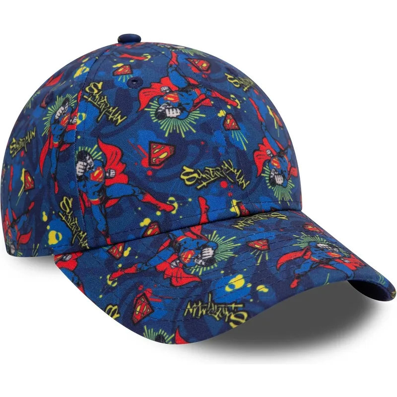 9forty-all-over-print-new-era-dc-comics-superman-kinder-cap-mit-gebogenem-schirm-in-marineblau
