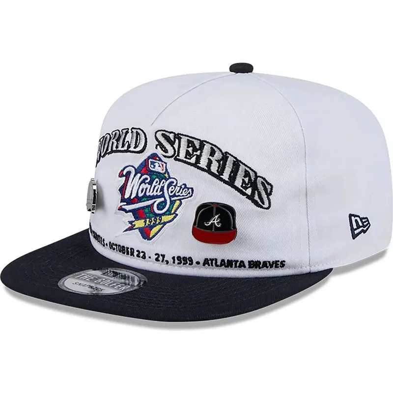 weisse-und-schwarze-flache-snapback-kappe-golfer-championship-pin-von-new-york-yankees-atlanta-braves-mlb-von-new-era