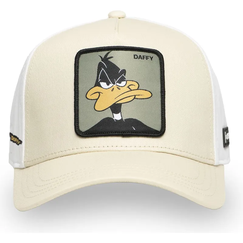 beige-und-weisse-gebogene-snapback-kappe-daffy-duck-loo11-daf2-looney-tunes-von-capslab
