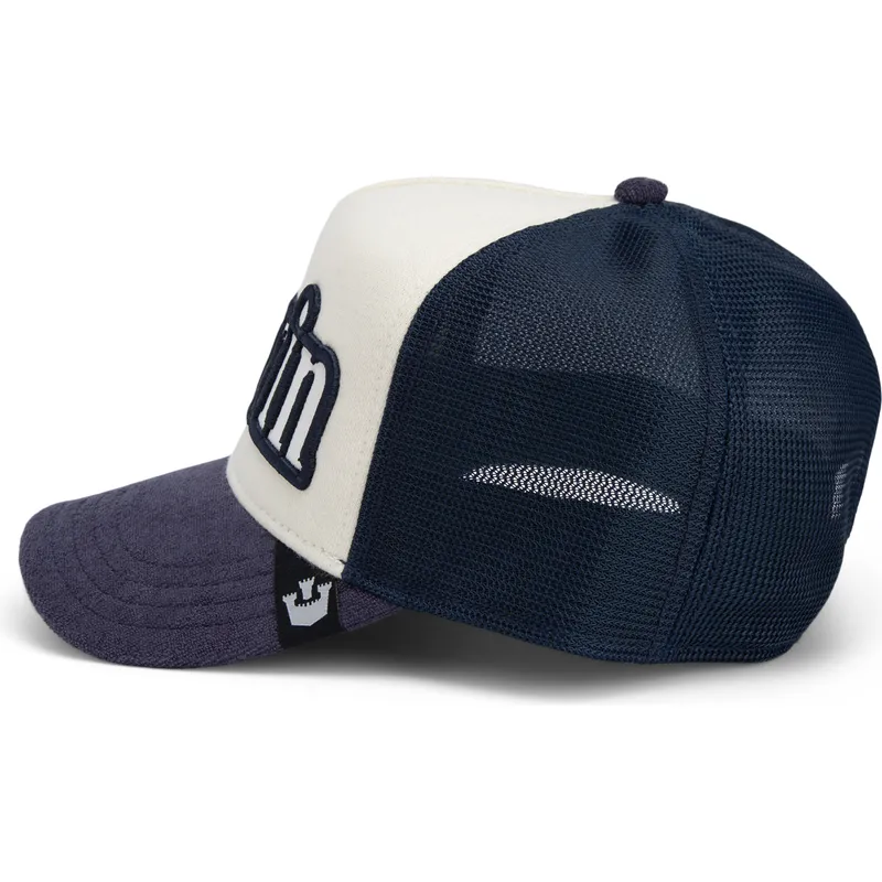 cappello-trucker-beige-e-blu-navy-full-flavor-wordmark-french-terry-di-goorin-bros