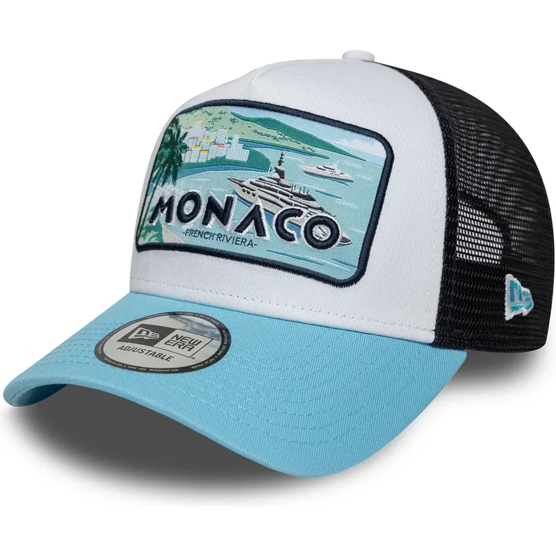 new-era-monaco-french-riviera-a-frame-summer-weisse-schwarze-und-blaue-trucker-kappe