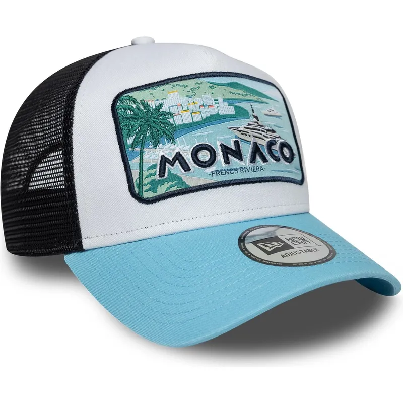 new-era-monaco-french-riviera-a-frame-summer-weisse-schwarze-und-blaue-trucker-kappe