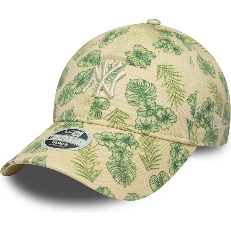 verstellbare-beige-damenkappe-mit-gebogenem-schirm-9twenty-all-over-print-tropical-der-new-york-yankees-mlb-von-new-era