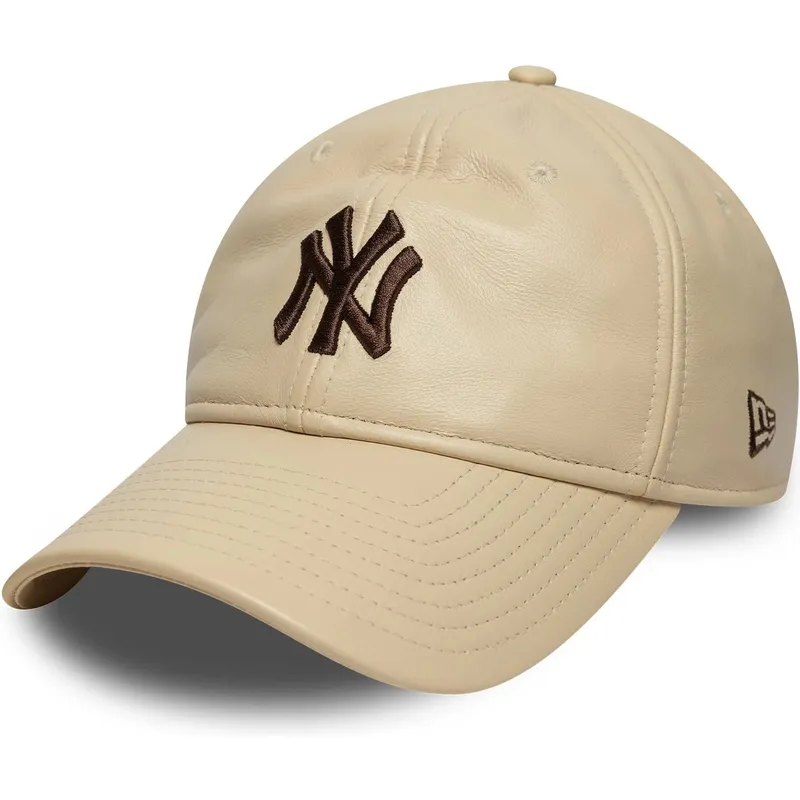 beige-verstellbare-kappe-mit-gebogenem-schirm-und-braunem-logo-9twenty-leather-der-new-york-yankees-mlb-von-new-era