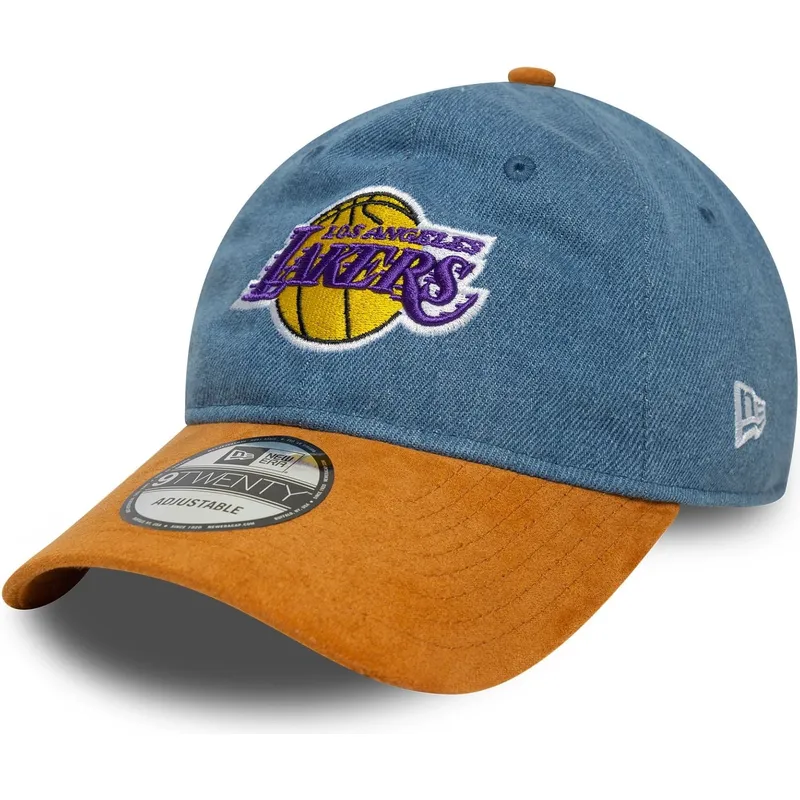 blaue-und-braune-verstellbare-curved-cap-9twenty-denim-midi-der-los-angeles-lakers-nba-von-new-era