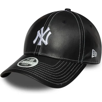 New Era Curved Brim Women 9FORTY Topstitch PU New York Yankees MLB Black Adjustable Cap