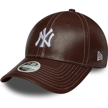 New Era Curved Brim Women 9FORTY Topstitch PU New York Yankees MLB Brown Adjustable Cap
