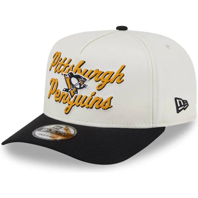 cappellino-snapback-beige-e-nero-con-visiera-curva-9fifty-a-frame-chainstitch-dei-pittsburgh-penguins-nhl-di-new-era