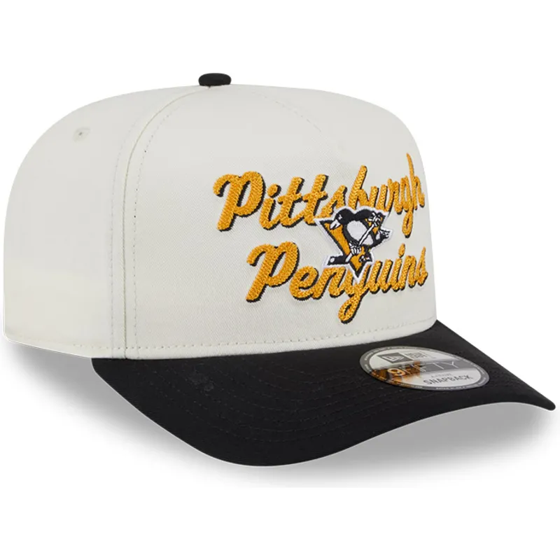 cappellino-snapback-beige-e-nero-con-visiera-curva-9fifty-a-frame-chainstitch-dei-pittsburgh-penguins-nhl-di-new-era