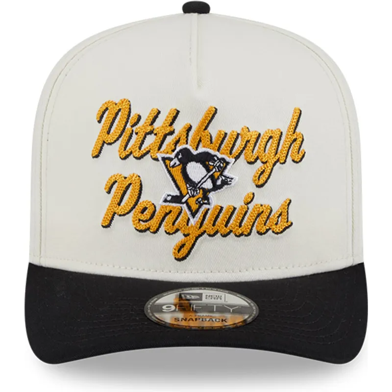cappellino-snapback-beige-e-nero-con-visiera-curva-9fifty-a-frame-chainstitch-dei-pittsburgh-penguins-nhl-di-new-era