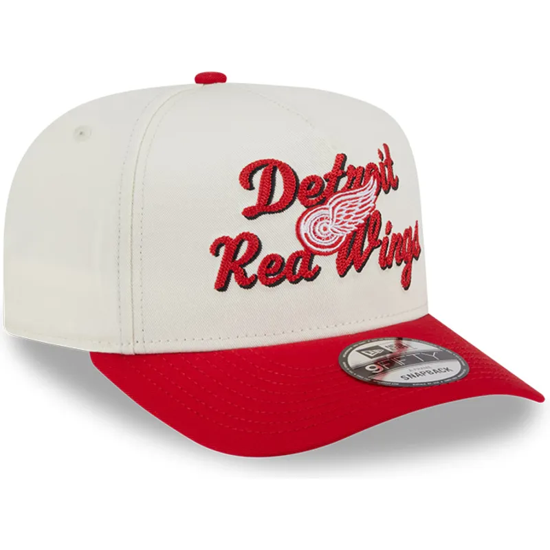 cappellino-curvo-beige-e-rosso-snapback-9fifty-a-frame-chainstitch-dei-detroit-red-wings-nhl-di-new-era