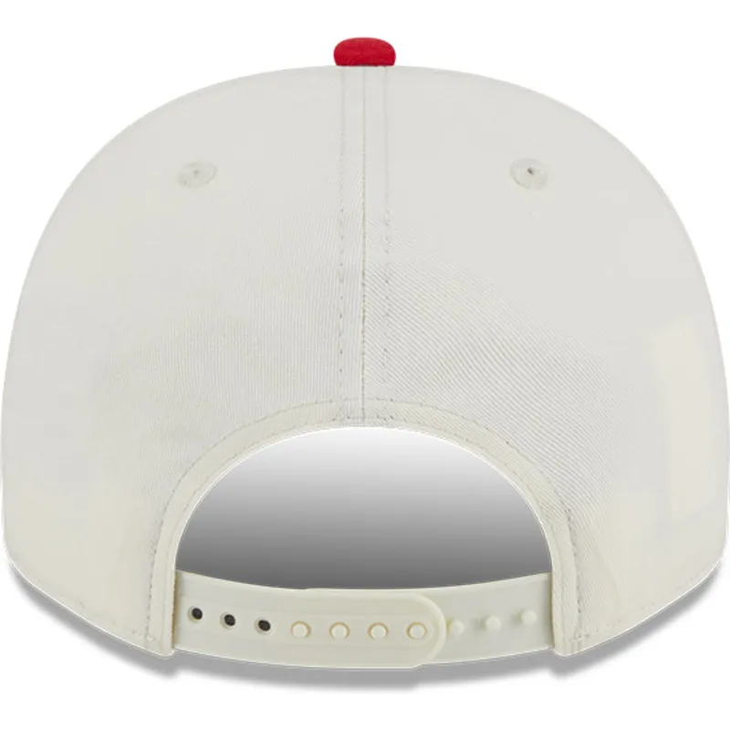 cappellino-curvo-beige-e-rosso-snapback-9fifty-a-frame-chainstitch-dei-detroit-red-wings-nhl-di-new-era