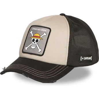 Capslab Straw Hat Pirates OP6 STR One Piece Beige and Black Trucker Hat