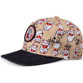 Djinns Flat Brim Youth Lucky Cat Linen Beige and Black Snapback Cap