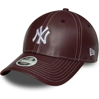 New York Yankees MLB New Era 9FORTY Topstitch PU justerbar kurvad vinröd keps