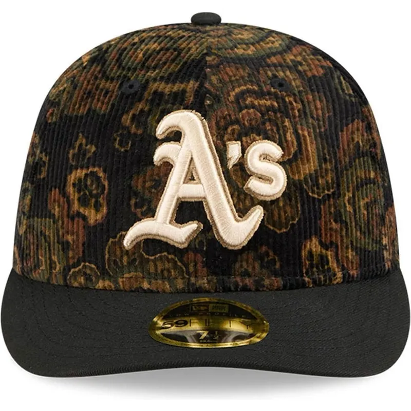 schwarze-gebogene-kappe-59fifty-low-profile-floral-cord-three-looms-bedruckter-cord-von-oakland-athletics-mlb-von-new-era