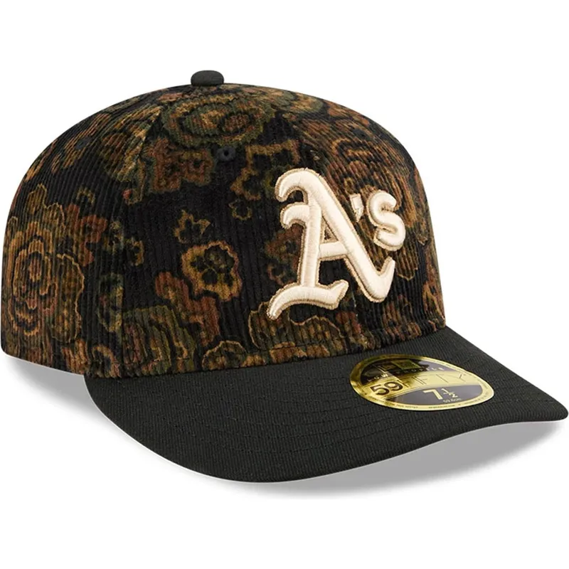 berretto-curvo-nero-aderente-59fifty-low-profile-floral-cord-three-looms-printed-corduroy-degli-oakland-athletics-mlb-di-new-era