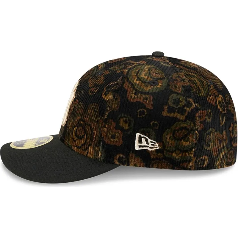 cappellino-nero-curvo-aderente-59fifty-low-profile-floral-cord-three-looms-printed-corduroy-dei-new-york-yankees-mlb-di-new-era