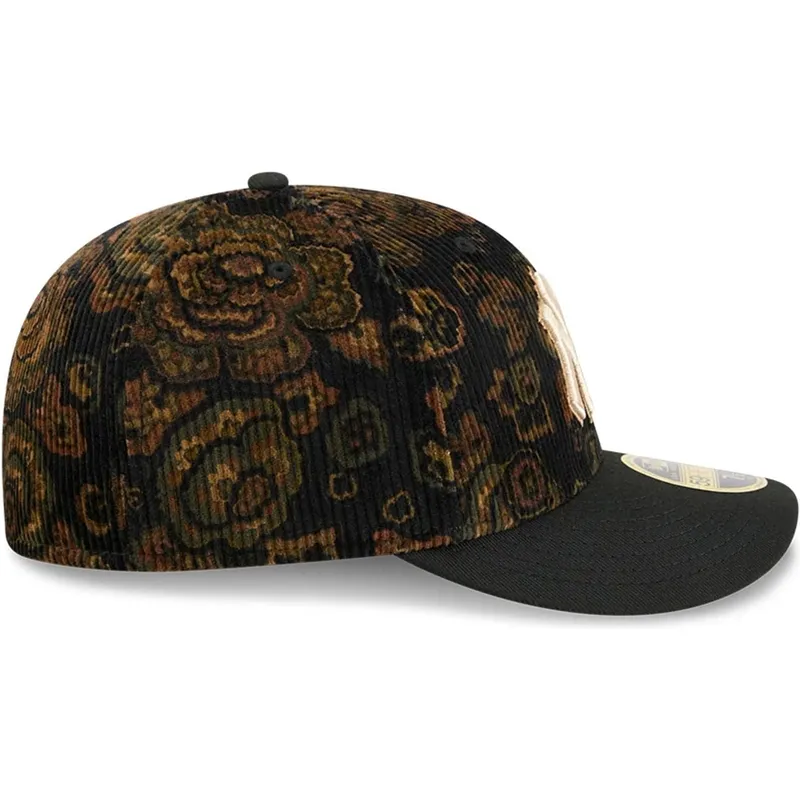cappellino-nero-curvo-aderente-59fifty-low-profile-floral-cord-three-looms-printed-corduroy-dei-new-york-yankees-mlb-di-new-era