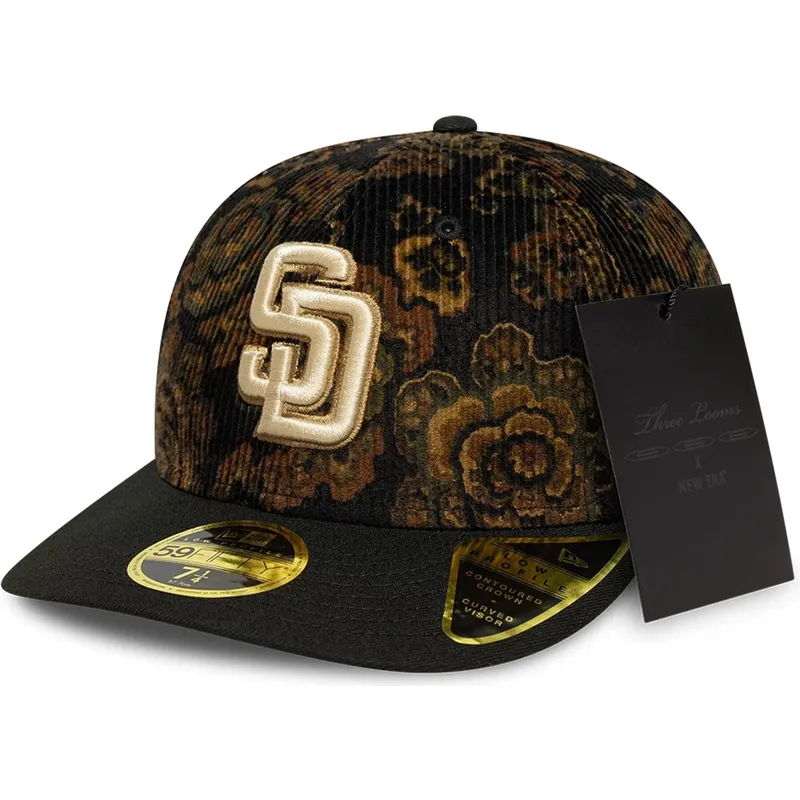 san-diego-padres-mlb-new-era-59fifty-low-profile-floral-cord-three-looms-printed-corduroy-schwarze-gebogene-fitted-kappe