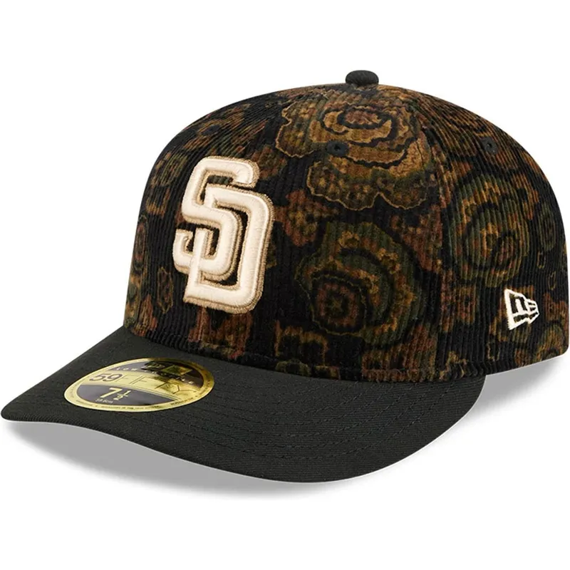 san-diego-padres-mlb-new-era-59fifty-low-profile-floral-cord-three-looms-printed-corduroy-schwarze-gebogene-fitted-kappe