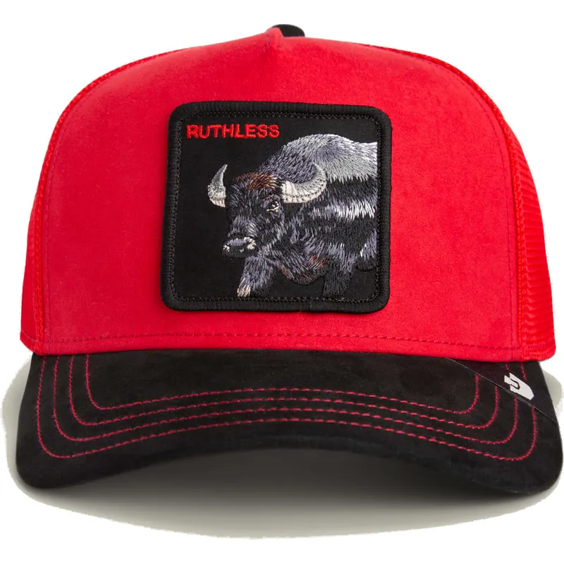 cappellino-trucker-rosso-e-nero-bufalo-ruthless-buffalo-suede-the-farm-di-goorin-bros
